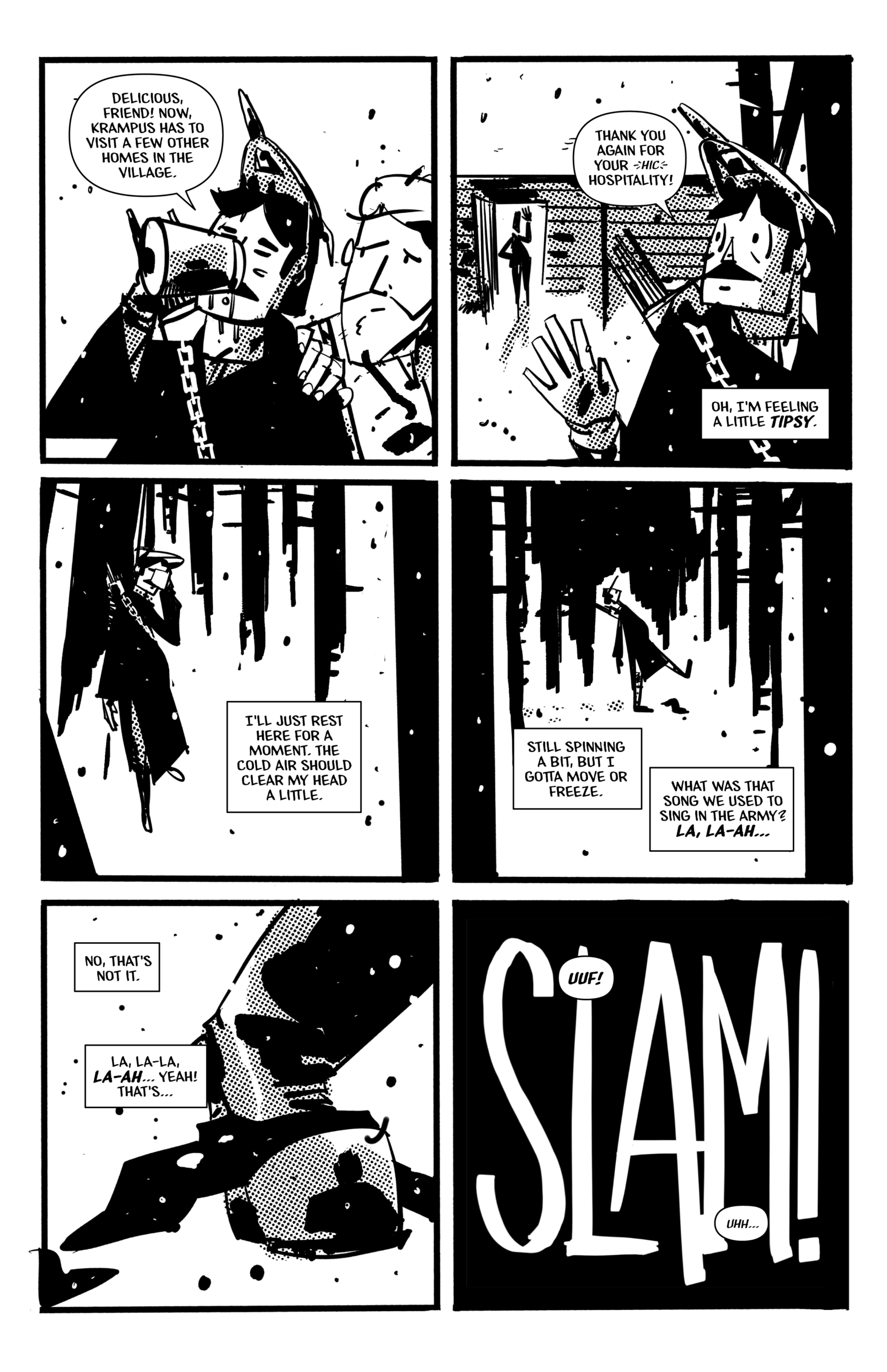 Page 5 of Night of the Krampus. Michael enjoys his pint and heads off into the woods, tripping over a root cause he's become drunk.