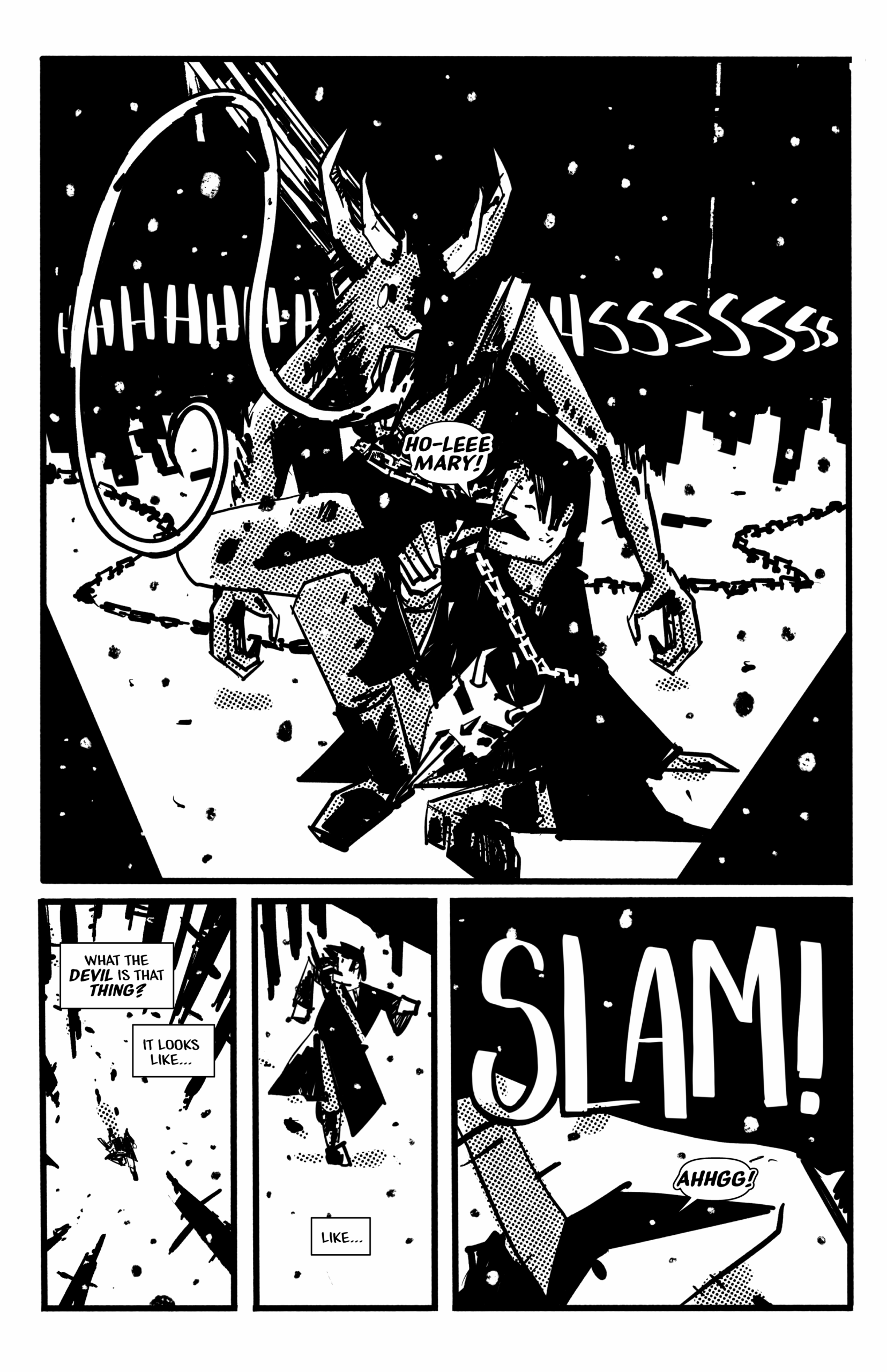 Page 7 of the Night of Krampus. A real Krampus appears and Michael runs away.