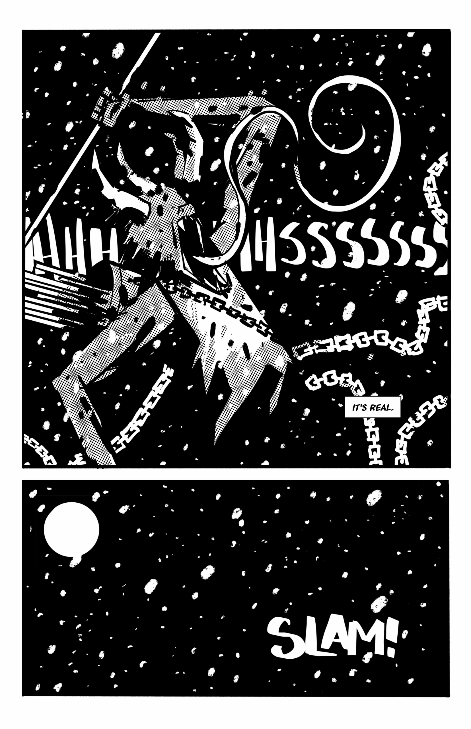 Page nine of Night of the Krampus. The Krampus is raising a switch high above its head while hissing. The last sound on the page is slam.