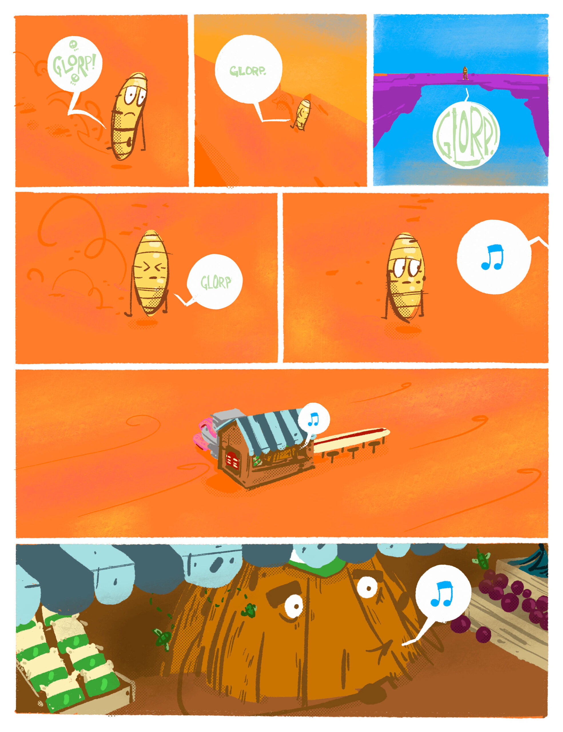 Page 3 of Deef is Peckish. Deef's hungry stomach keeps making noise as he goes to a shop.