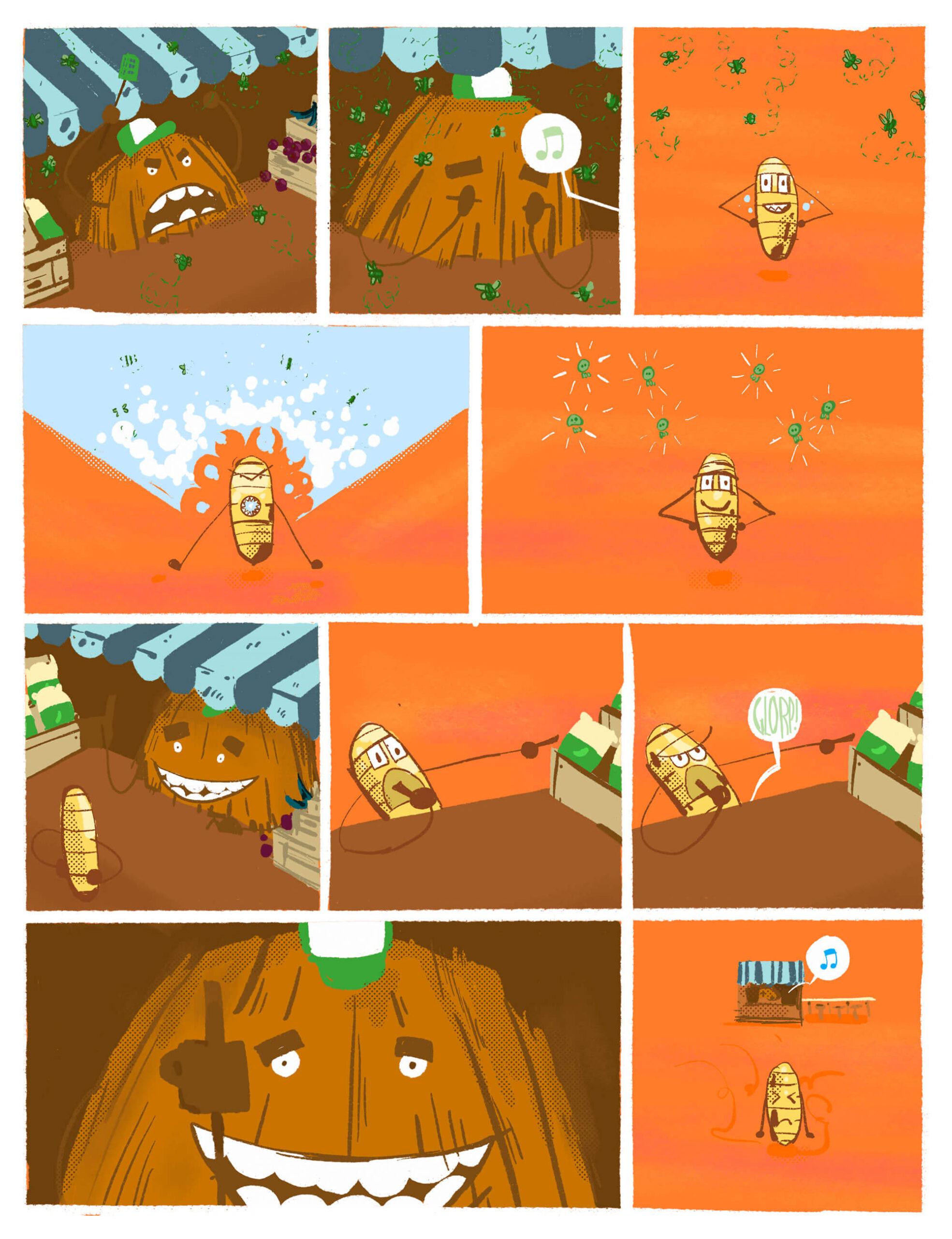 Page 8 of Deef is Peckish. Deef returns to the Vendor. Deef gets rid of the flies, hoping to get food. The Vendor says no again. Deef leaves.