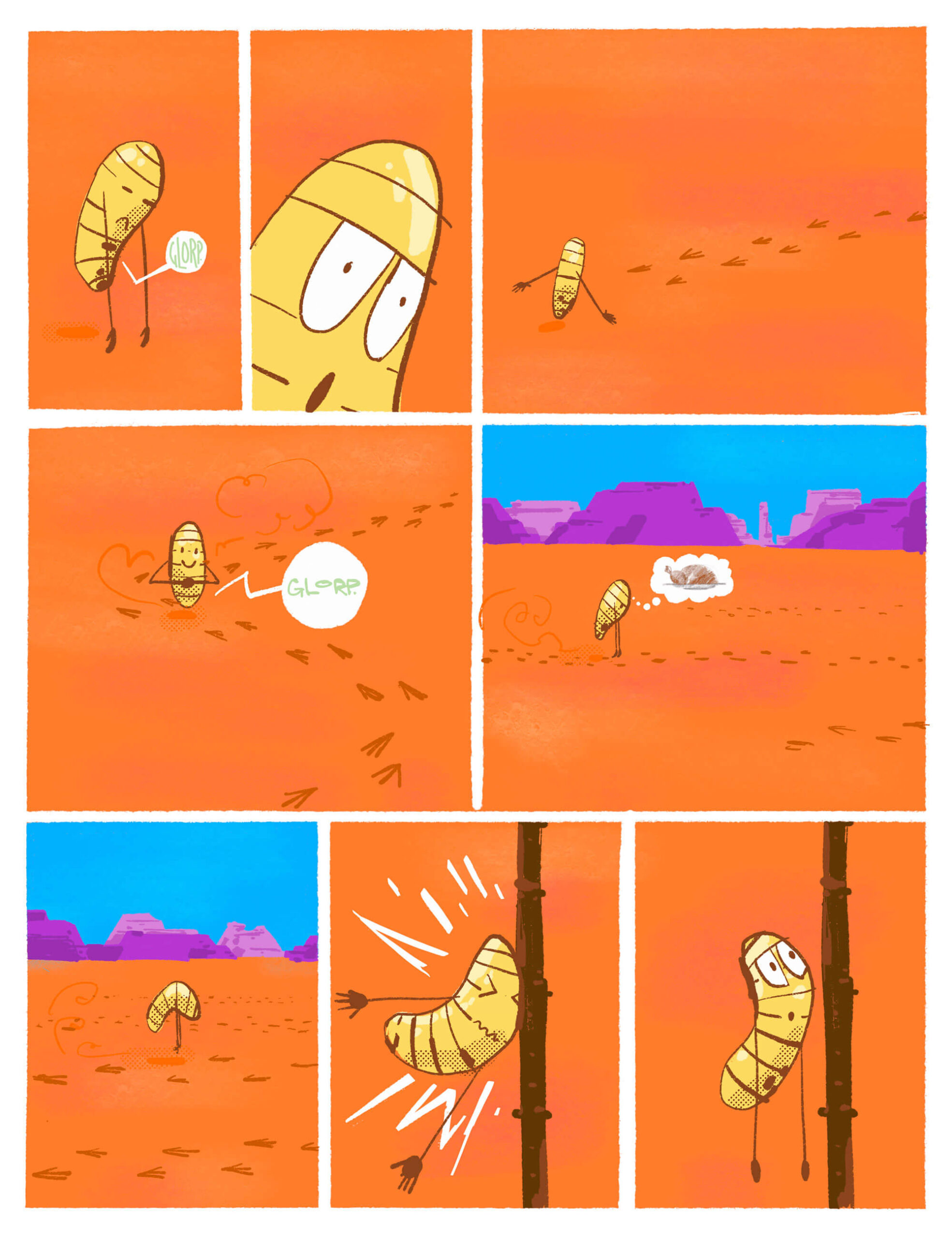 Page 9 of Deef is Peckish. Deef is wandering the desert, looking for food. He finds bird footprints and starts following them. He slam into something that looks like a tree leg.