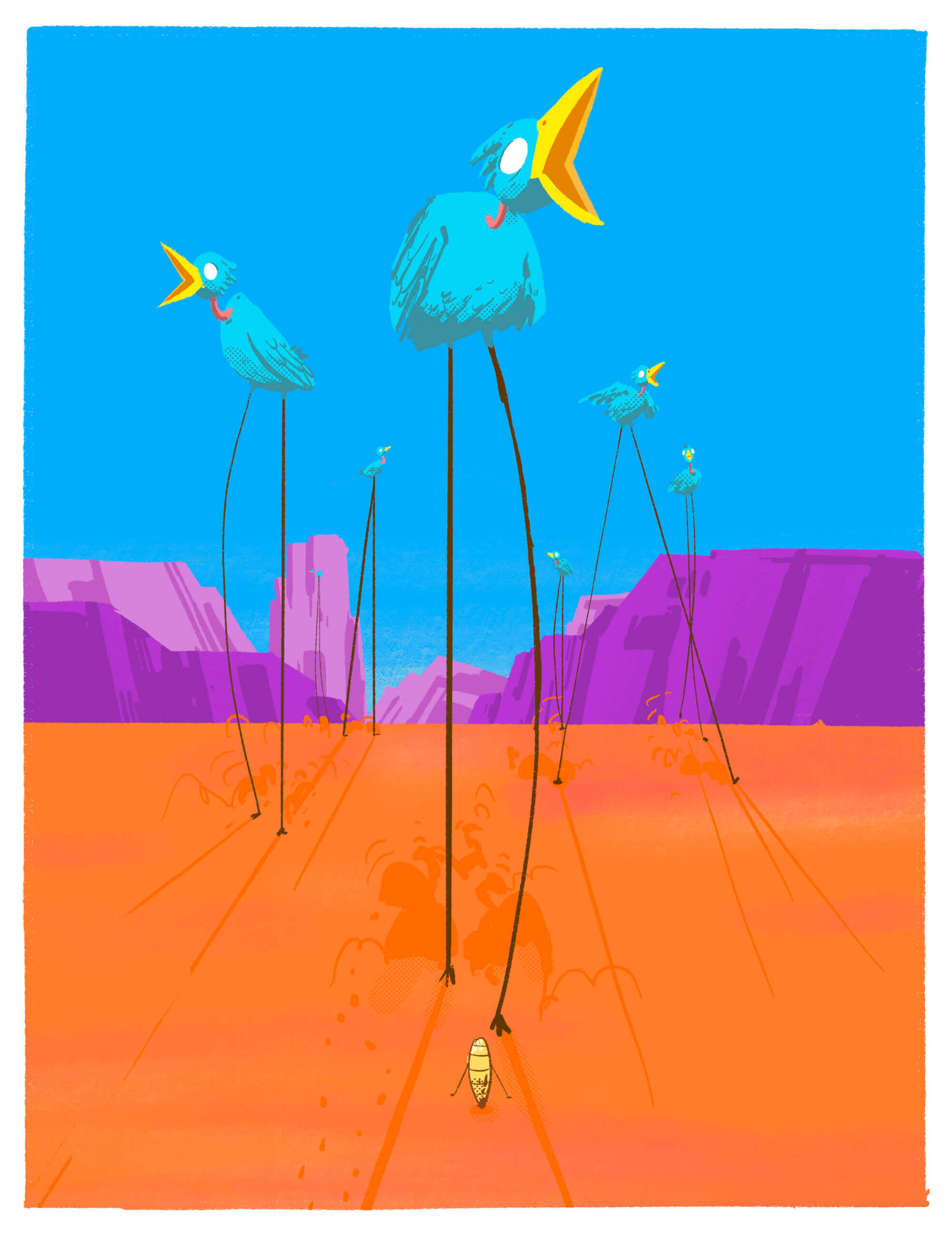 Page 10 of Deef is Peckish. Deef is looking up at three extermely tall, extremely big birds. Their legs are long and thin with tiny feet.