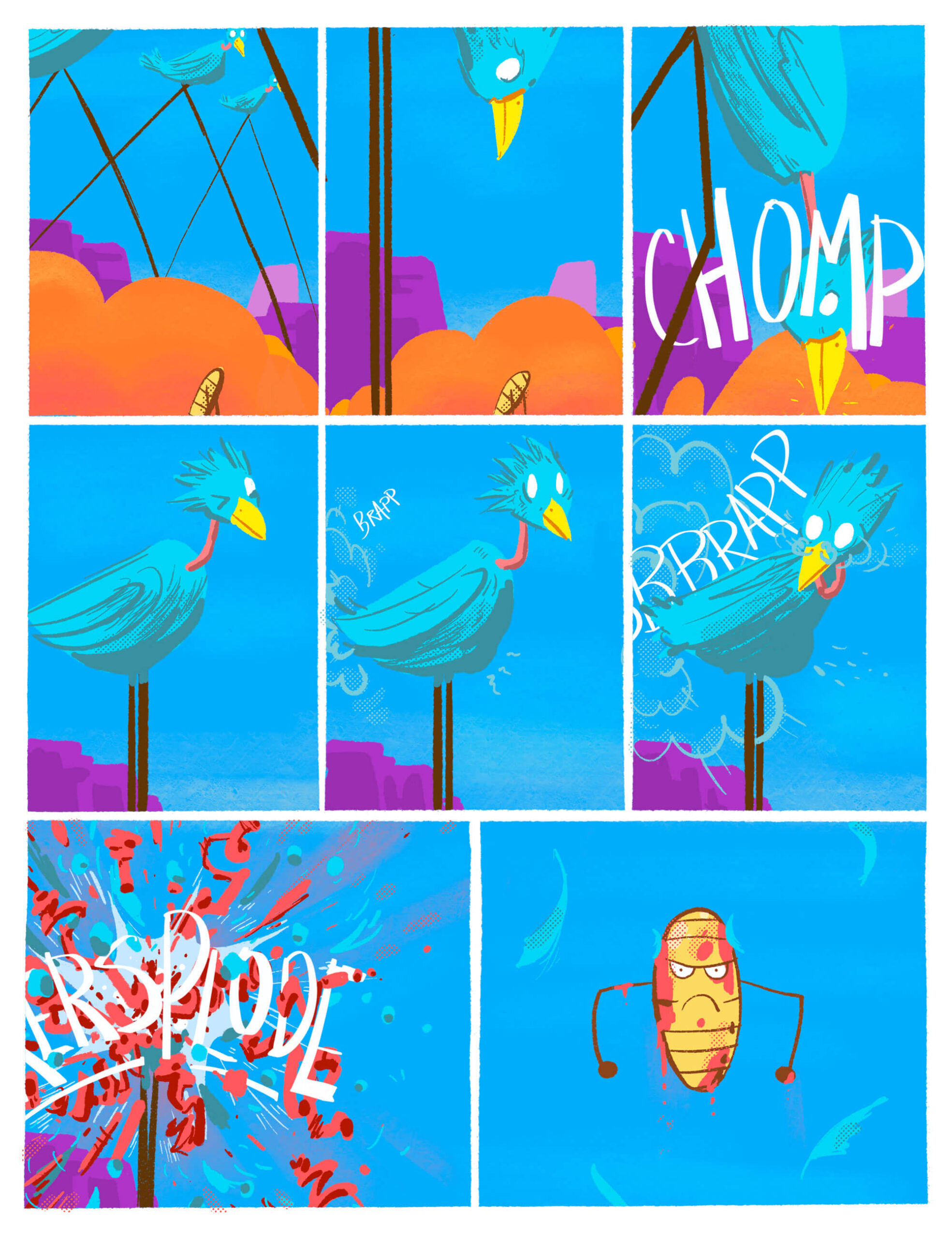 Page 11 of Deef is Peckish. One of the birds eats Deef. Deef then blows it up from the inside.