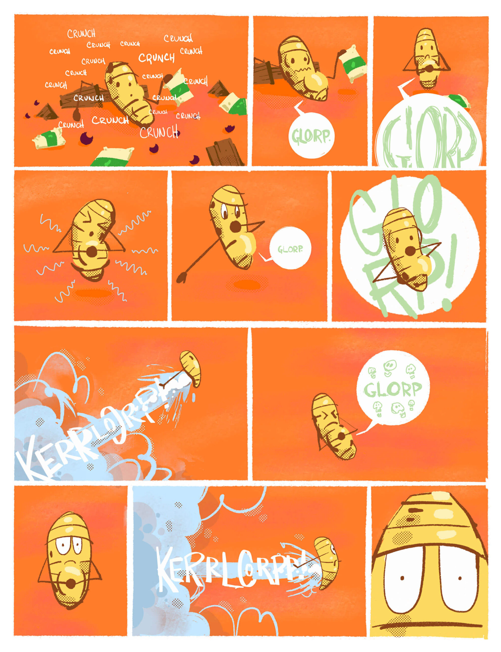Page 13 of Deef is Peckish. Deef is eating lots of chips, but it upsets his stomach something fierce. The gas has him flying around the desert uncontrollably. 