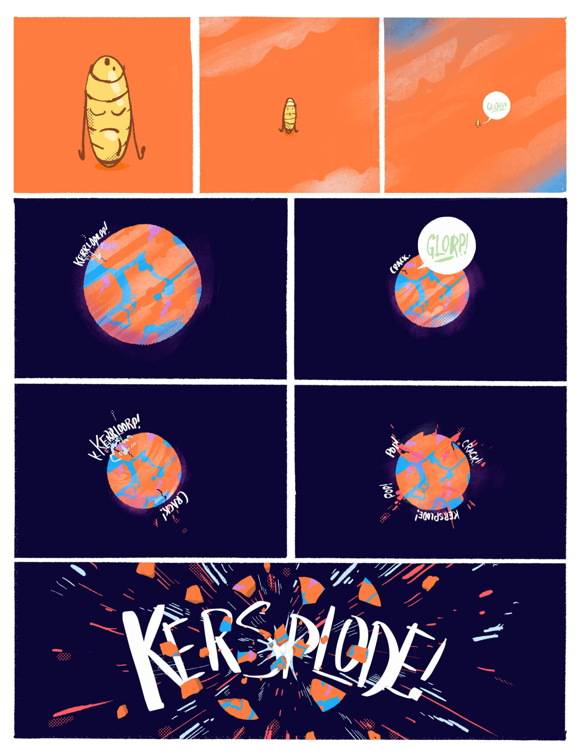 Page 14 of Deef is Peckish. Deef's upset stomach destorys the planet he's on.