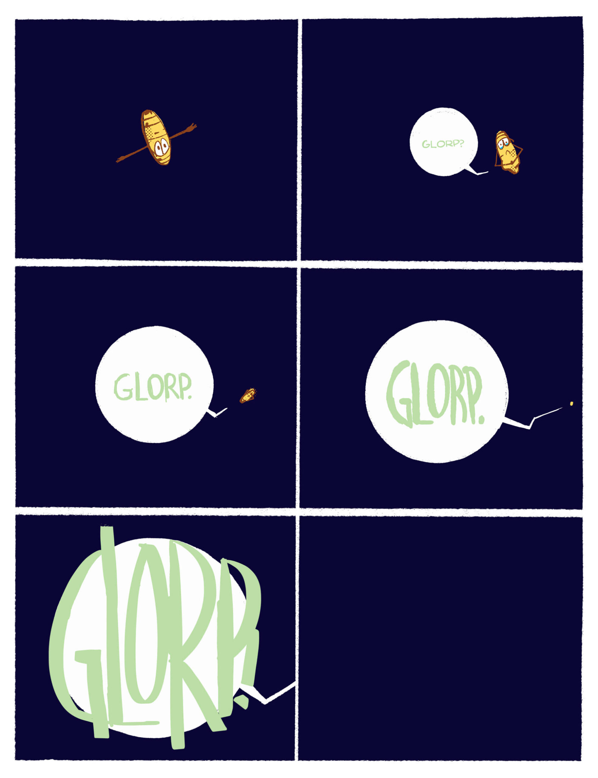 Page 15 of Deef is Peckish. Deef floats through space, his stomach continuing to make sounds.