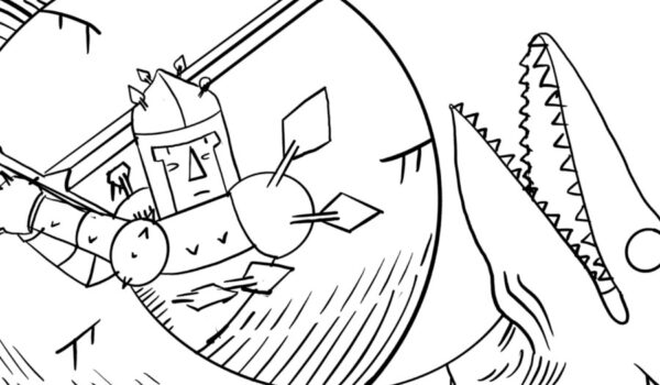A knight is fighting a large worm like dragon.