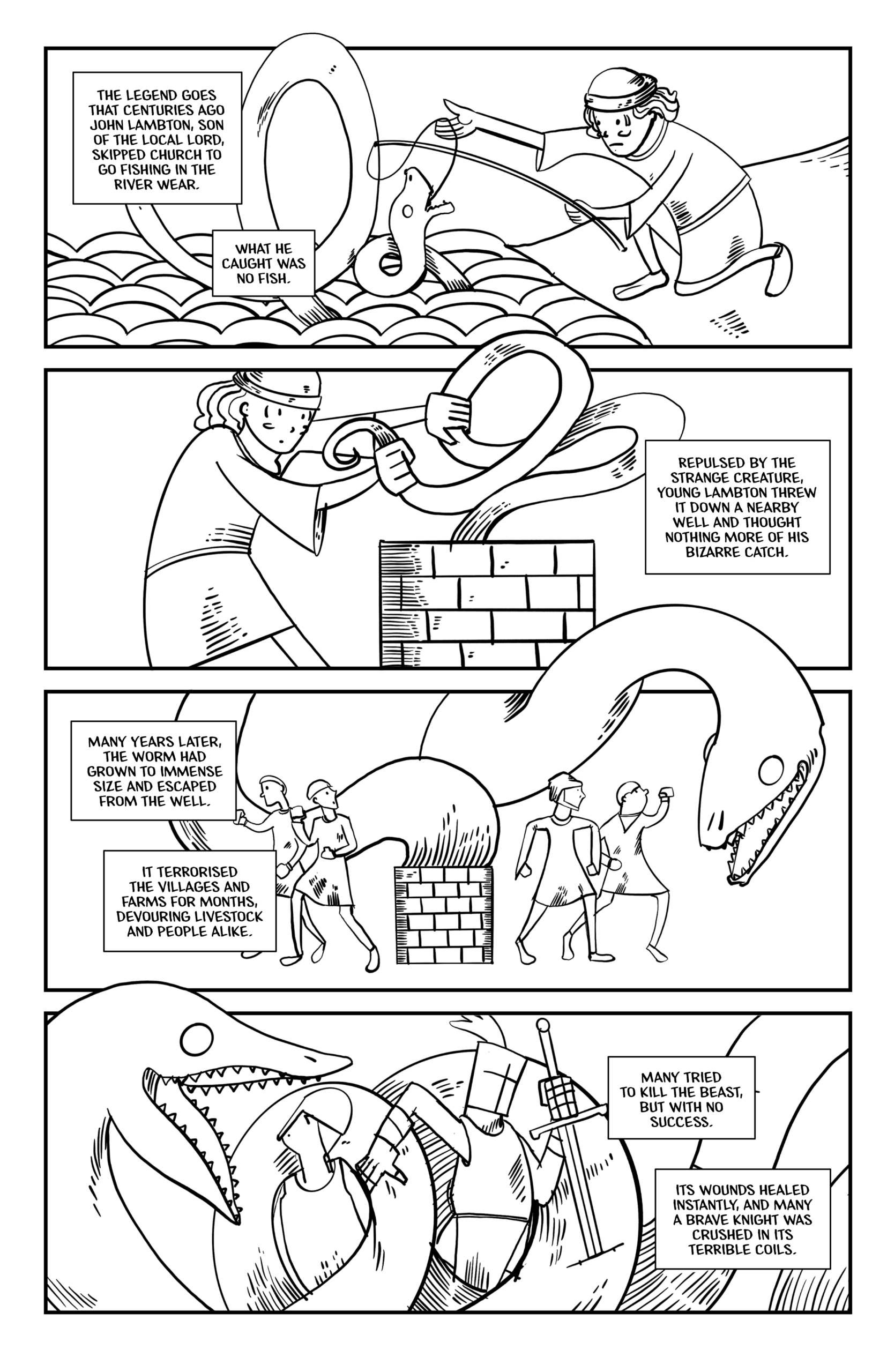 Page 2 of the Lambton Worm Returns. It's drawn in a simple line style, meant to reflect medieval tapestries. It shows John Lambton catching the Worm, dropping it down a well, and then the Worm coming back and terrorizing the countryside.