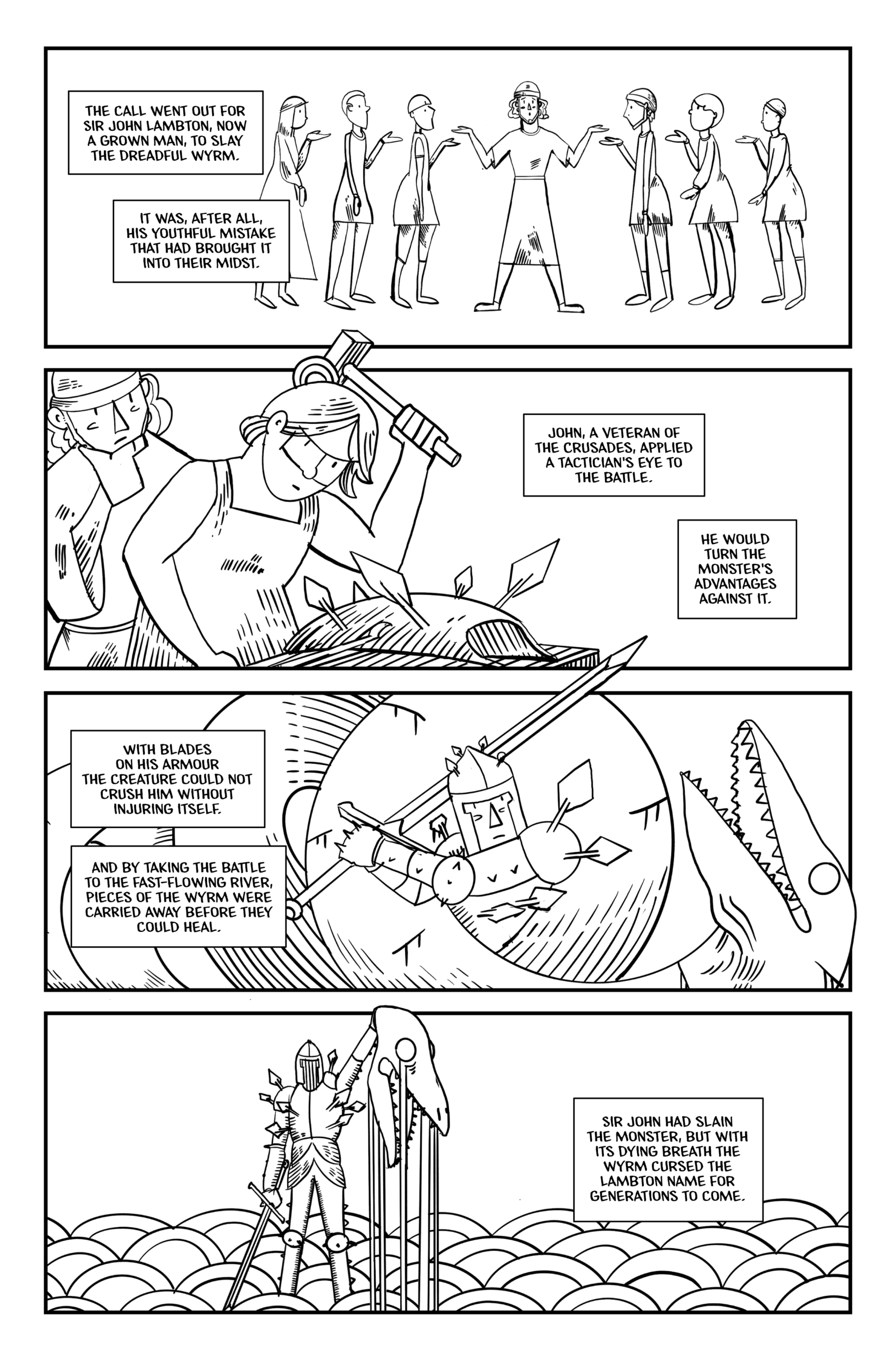 Page 3 of The Lambton Worm Returns. Lambton gets armor made with spears embedded in it and fights the Wyrm. Lambton chops the Wyrm's head off and holds it up.