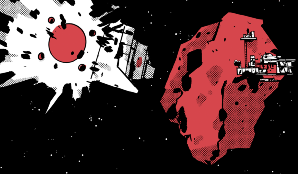 A ship flying towards an asteroid