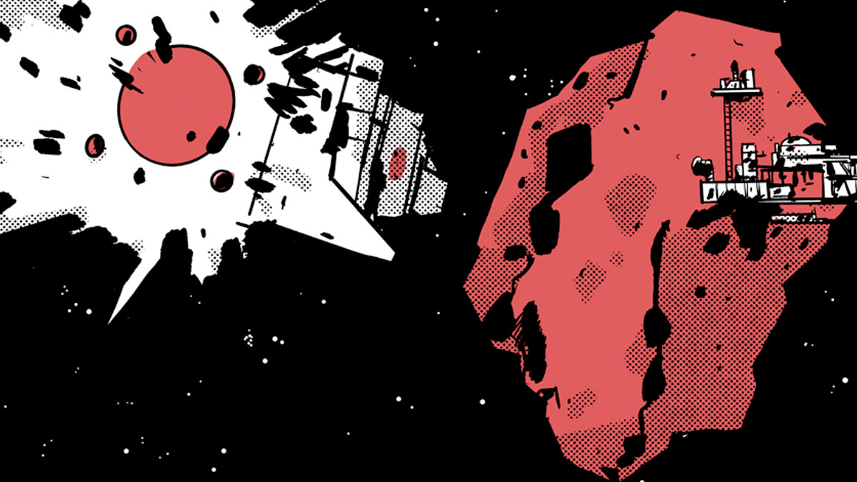 A ship flies towards an asteroid.