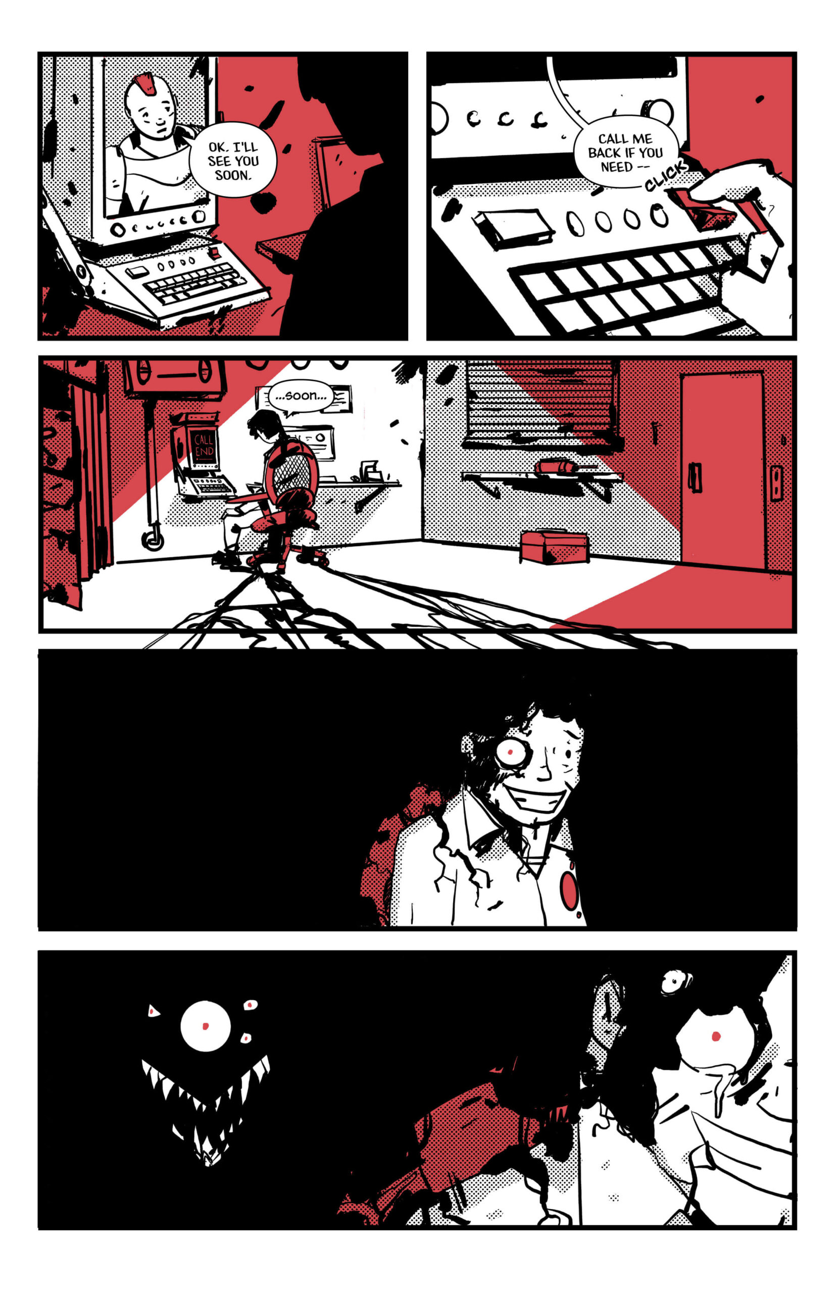 Page 5 of Blinking Red Light. Mom turns off the video call. Behind her in the shadows, a toothy smile looms.