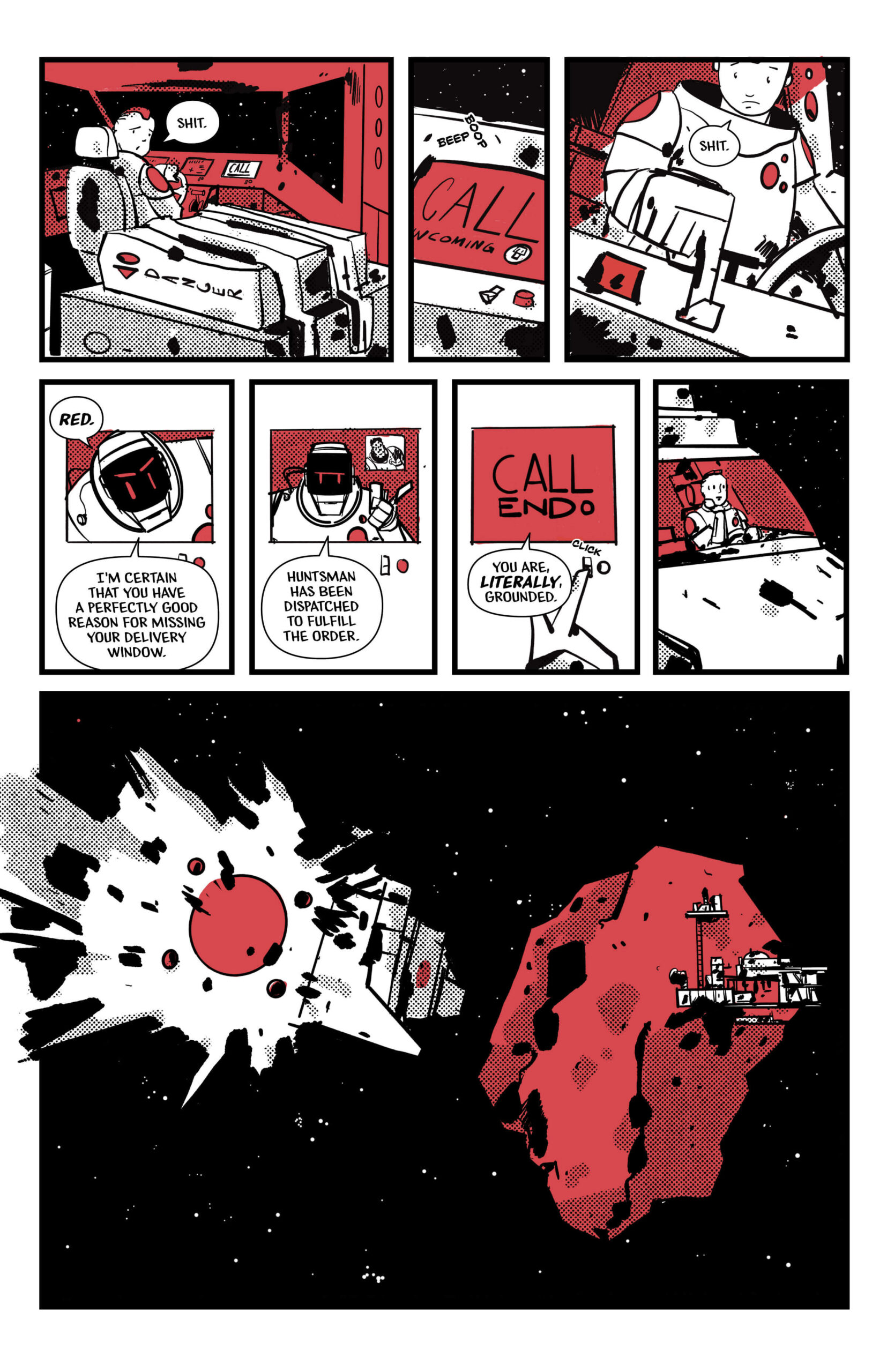 Page 6 of Blinking Red Light. Red gets a call from Mom, telling her she's suspended for taking so long. Red approaches the refinery where Grandma works.