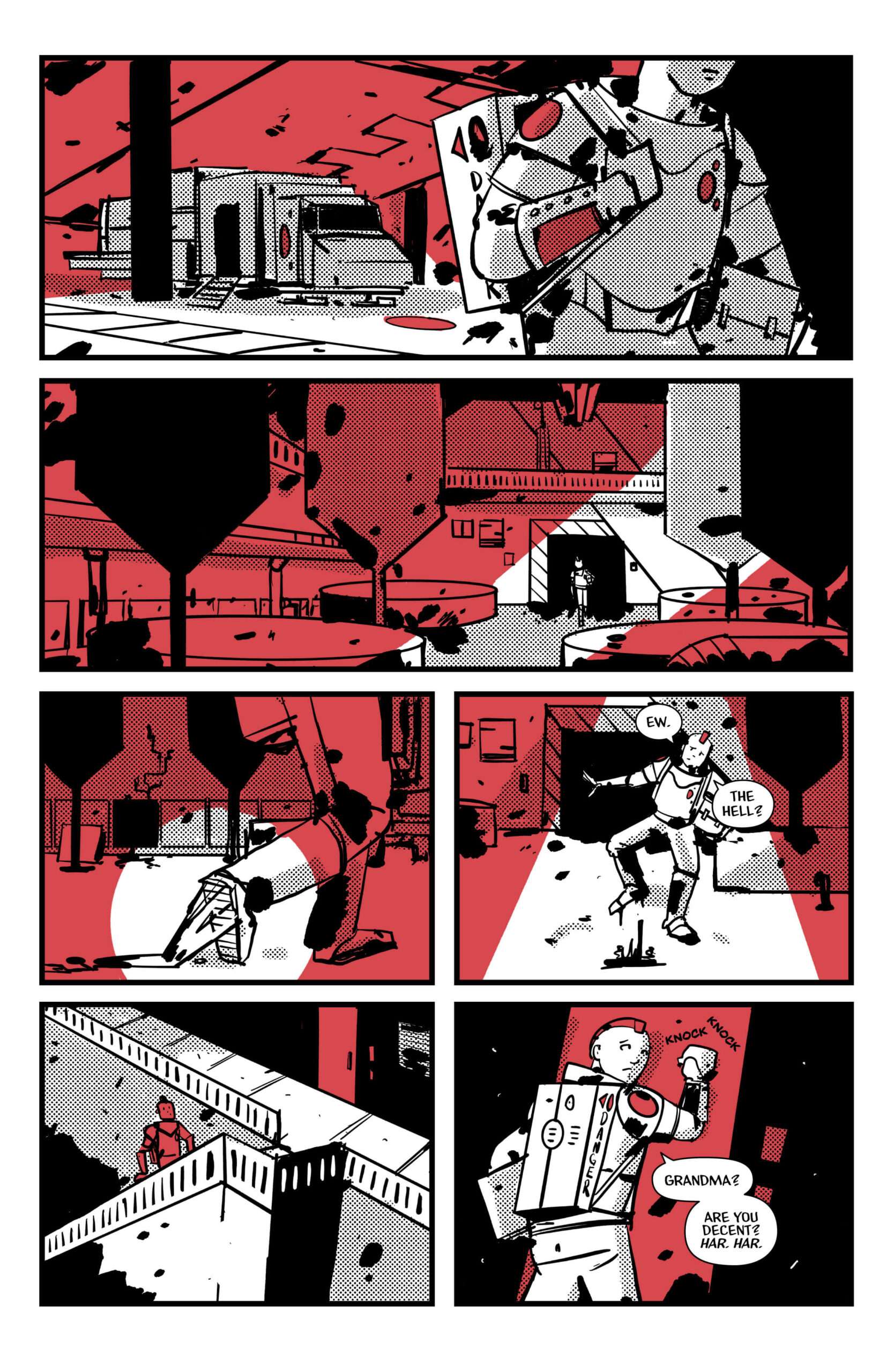 Page 7 of Blinking Red Light. Red lands in the refinery and walks to Grandma's room. She steps in ooze on the way.