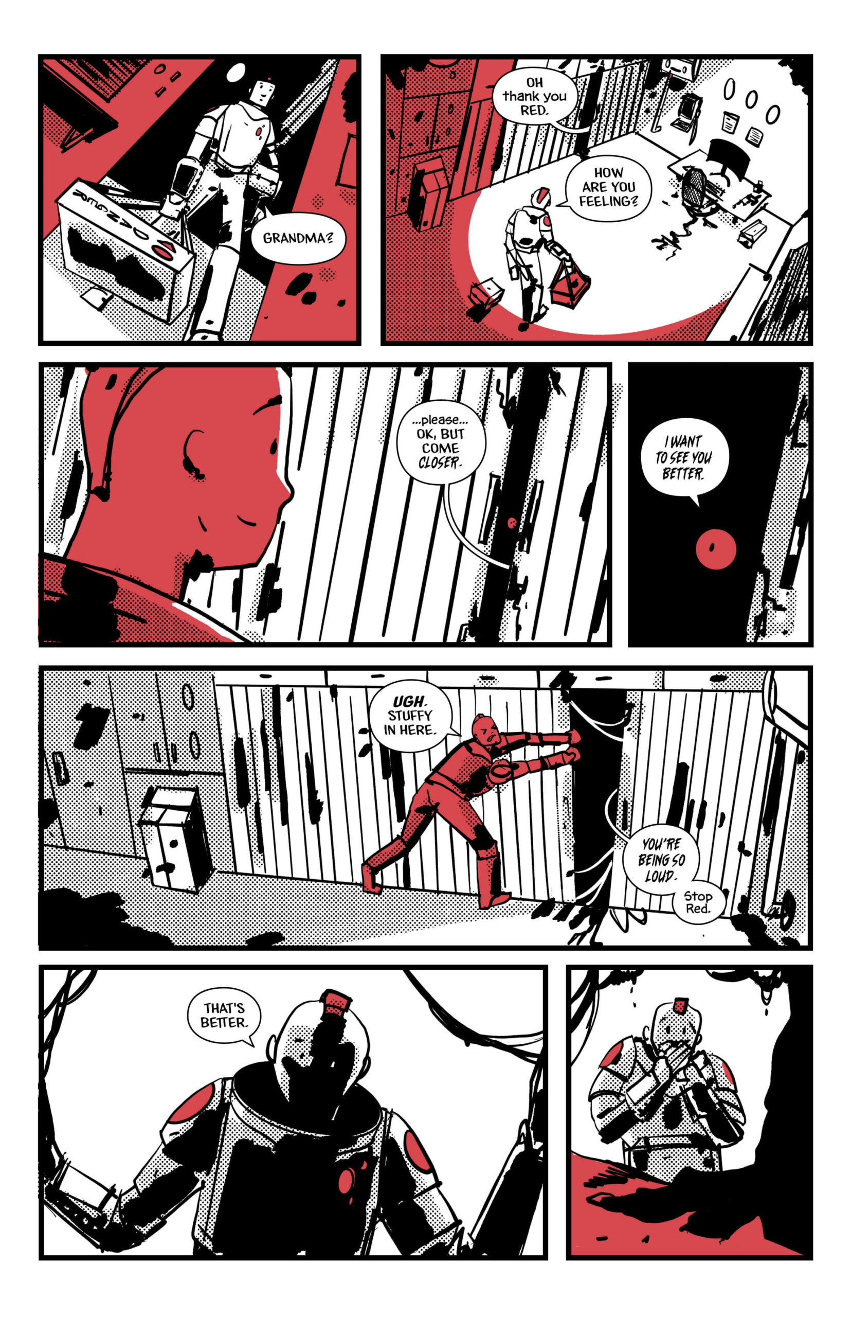 Page 8 of Blinking Red Light. Red gets into Grandma's room and horrified by what she sees.