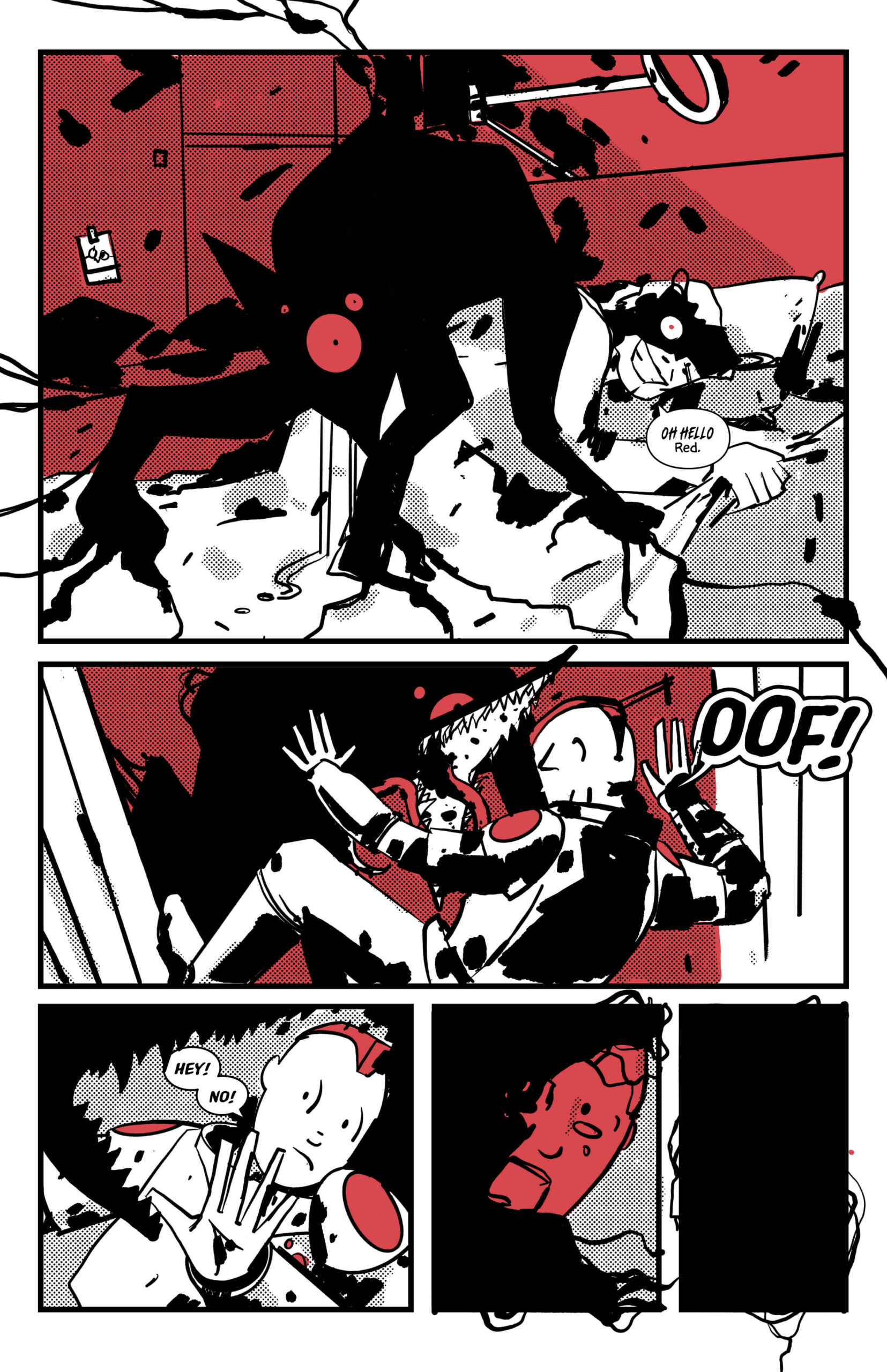 Page 9 of Blinking Red Light. A wolf shaped monster has possessed Grandma. It leaps on Red, knocking her out.