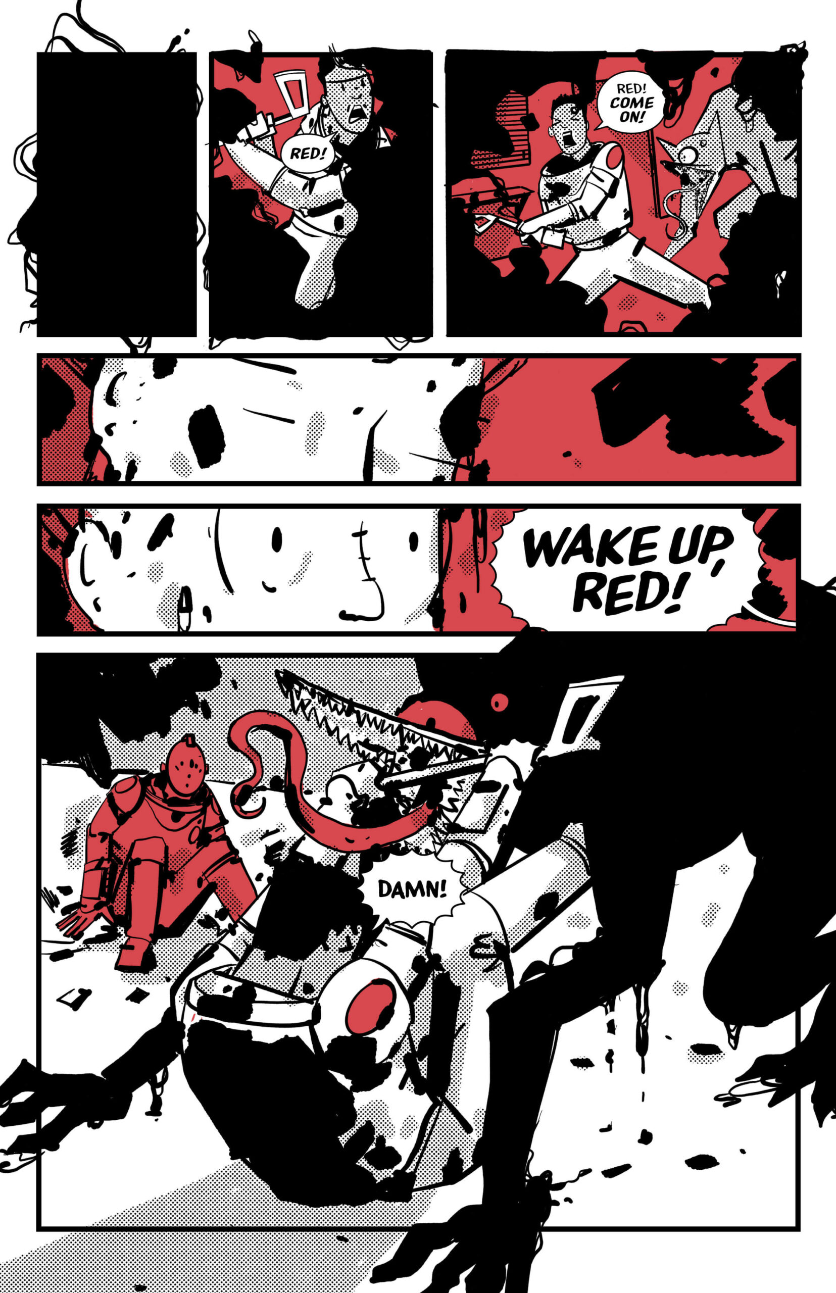 Page 10 of Blinking Red Light. Red wakes up to find Huntsman fighting the Wolf.