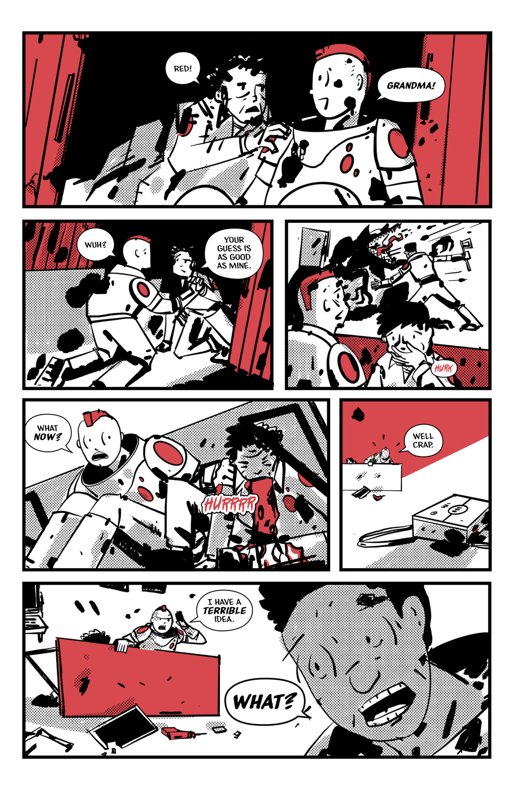 Page 11 of Blinking Red Light. Red and Grandma are awake and join the fight. Red gets an idea.