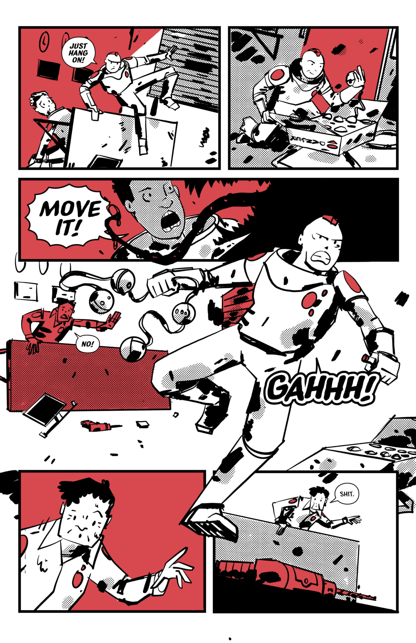 Page 12 of Blinking Red Light. Red has the explosives and charges the monster. Grandma sees her drill on the ground.