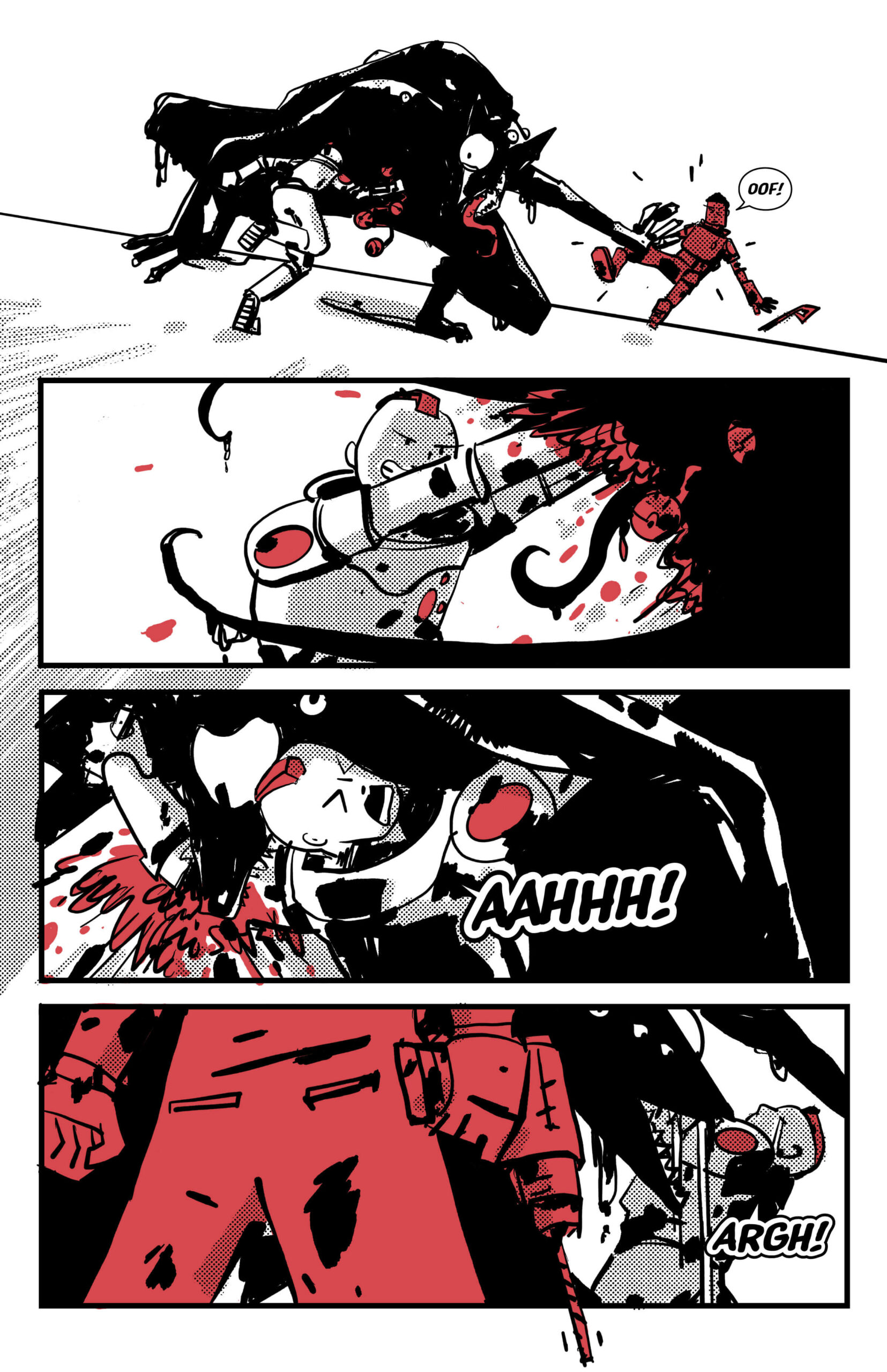 Page 13 of Blinking Red Light. Red shoves the explosives into the Wolf. The Wolf bites her, but Grandma is coming with the drill.