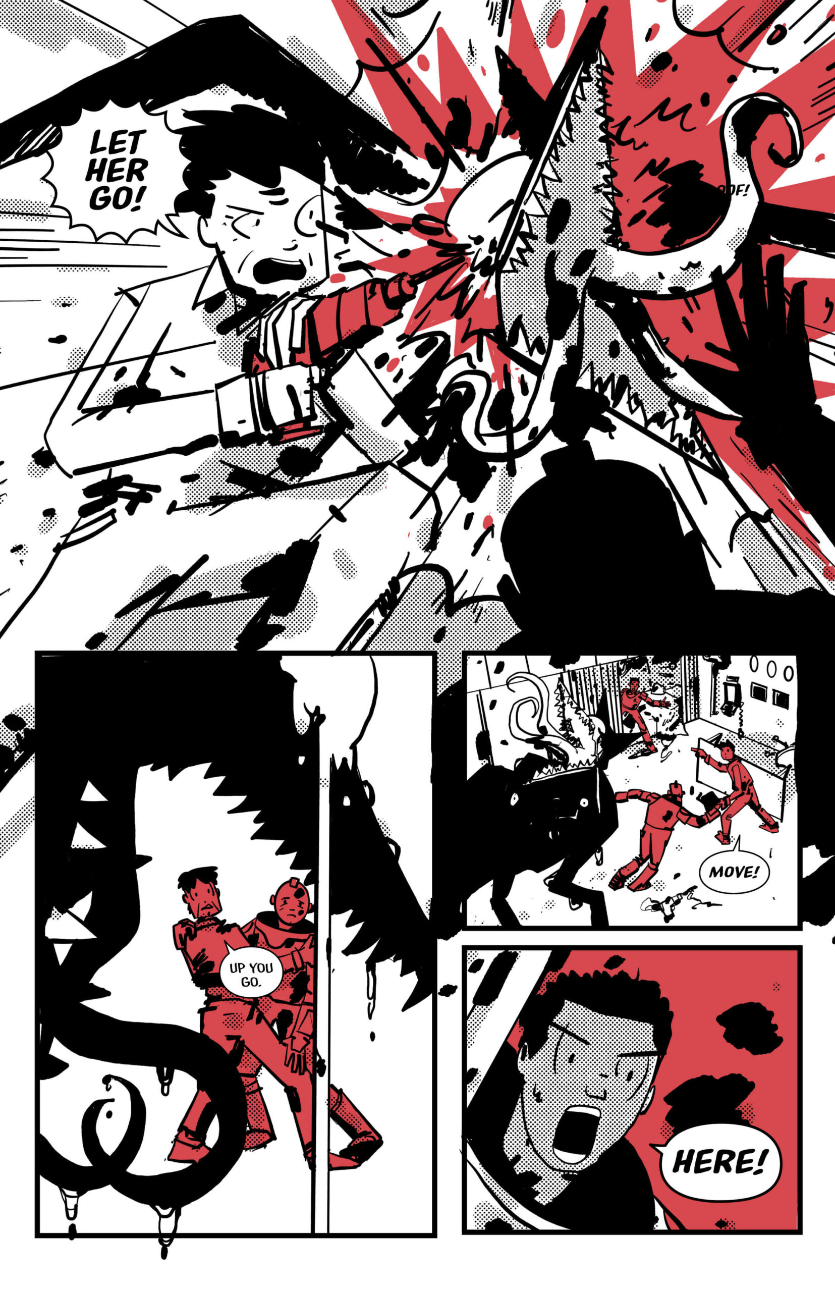 Page 14 of Blinking Red Light. Grandma drills the Wolf in its face! Then Grandma and Red run away.