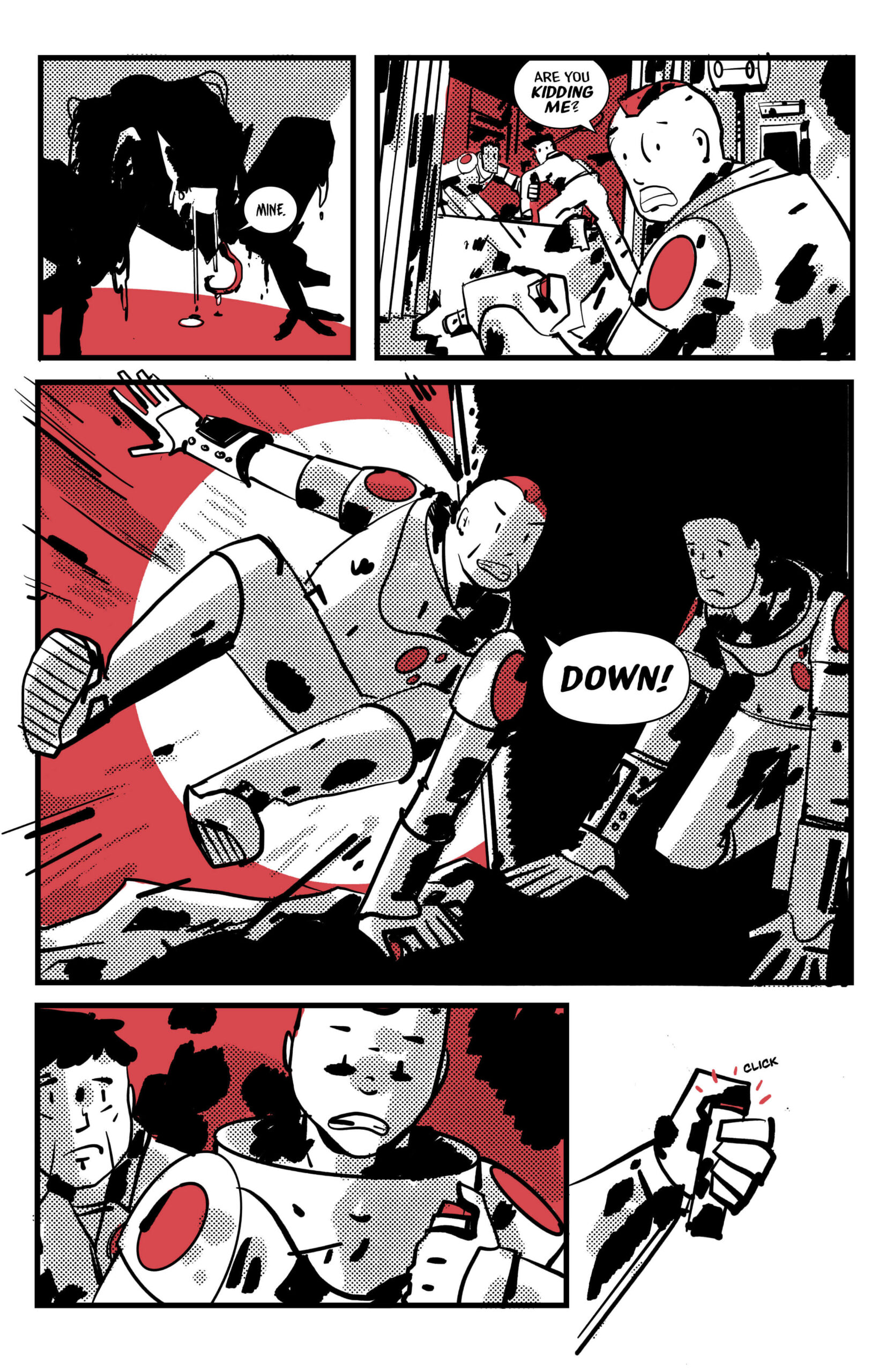 Page 15 of Blinking Red Light. The Wolf speaks, scaring everyone. Red leaps into bed and clicks the detonator.