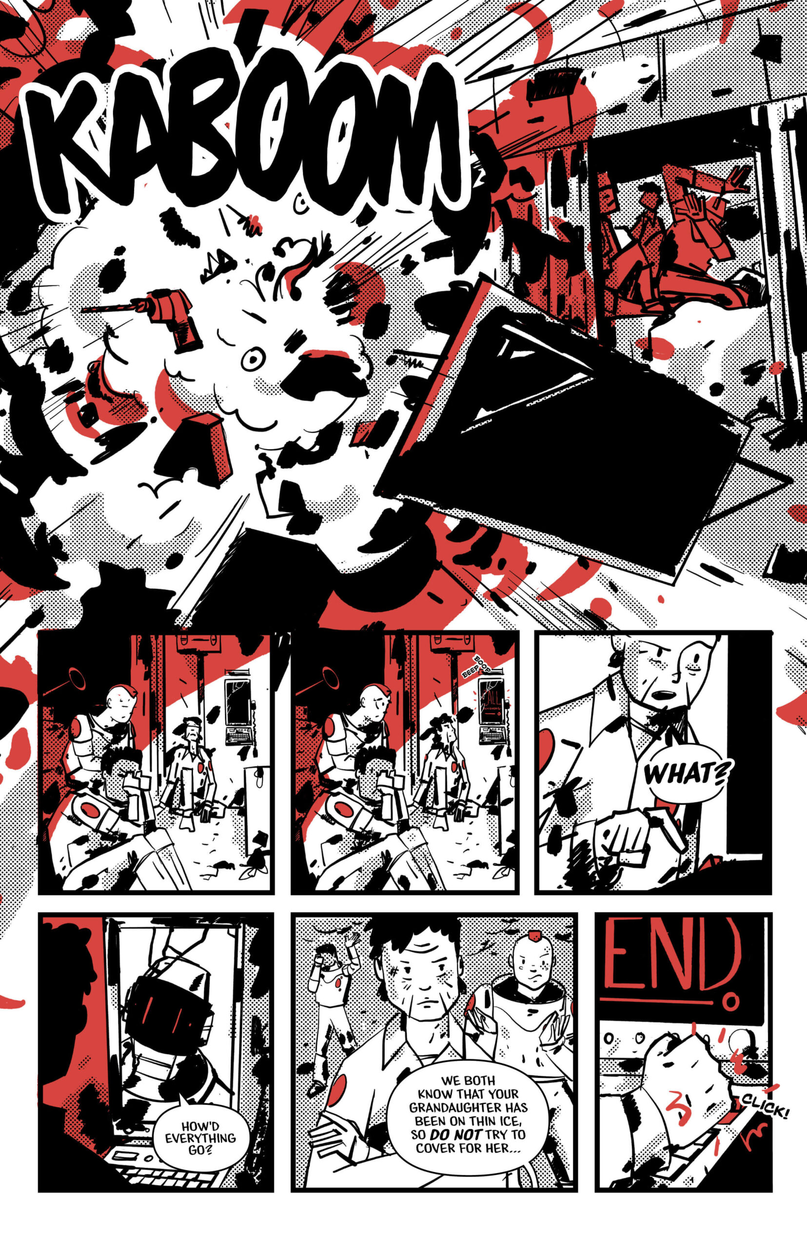 Page 16 of Blinking Red Light. The wolf explodes. Mom calls to check in, and Grandma hangs up on them.