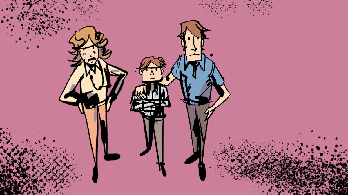 A family, rich and smarmy, looks up at the viewer.