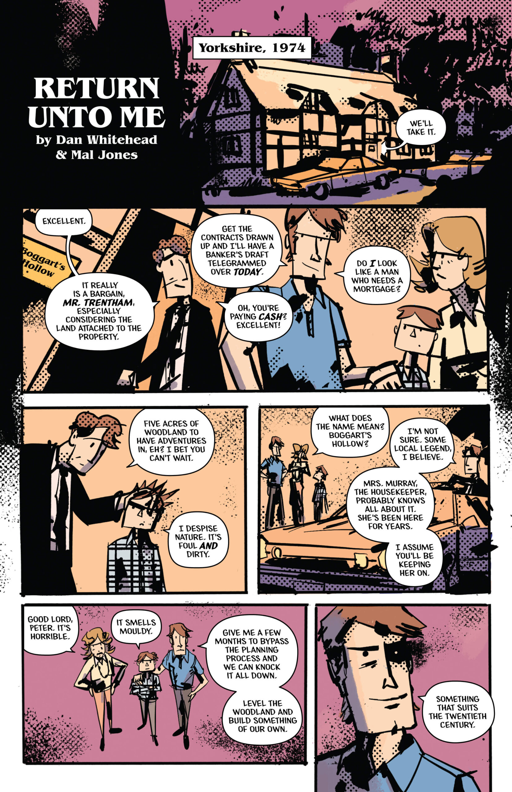 Page 1 of Return Unto Me. A family arrives at a house. The father is being a jerk about it, but will buy it.