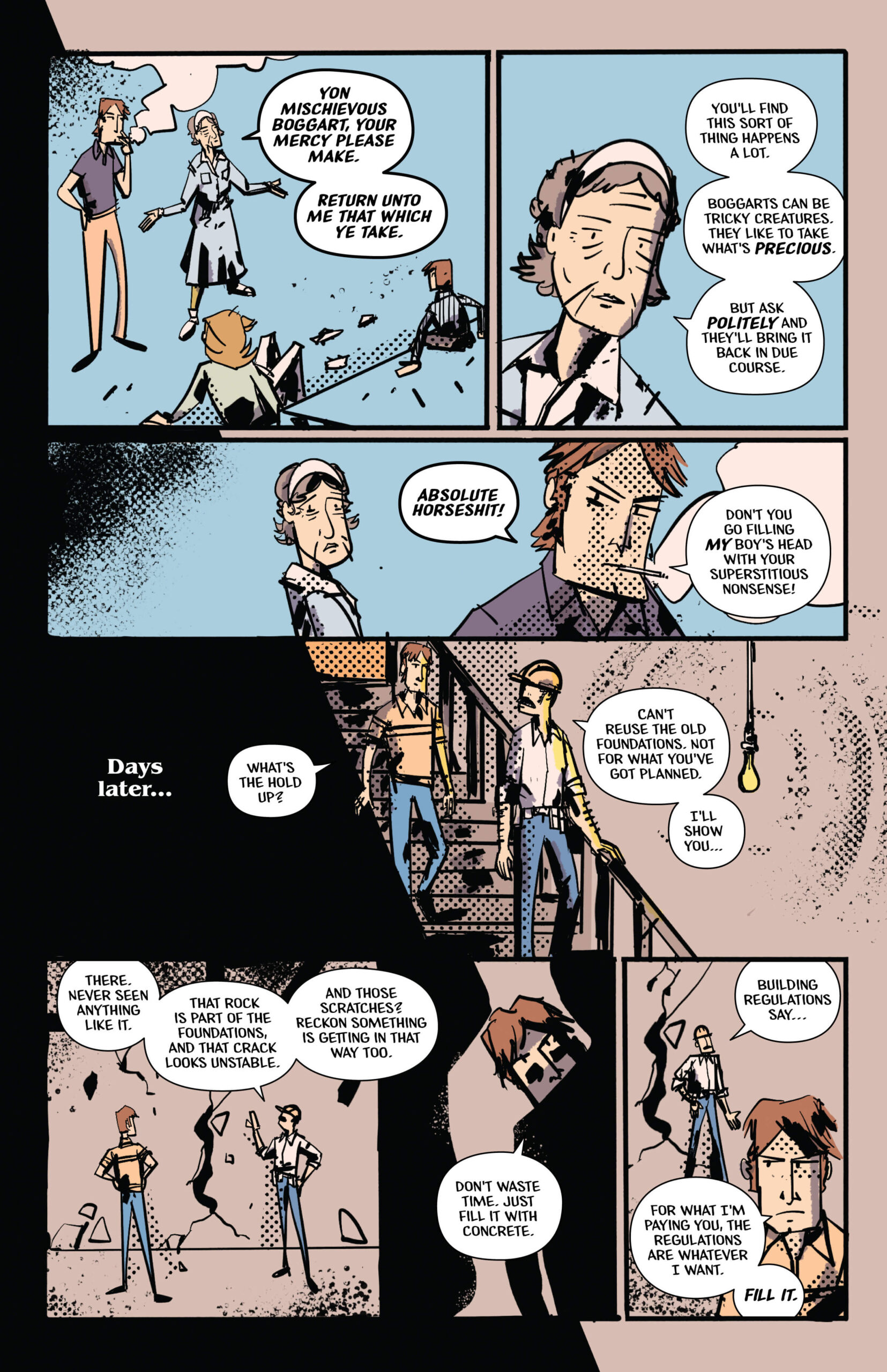 Page 3 of Return Unto Me. Jeremy is rude to Mrs. Murray about her legend of the Boggart. Days later, he's talking to a contractor about the basement.