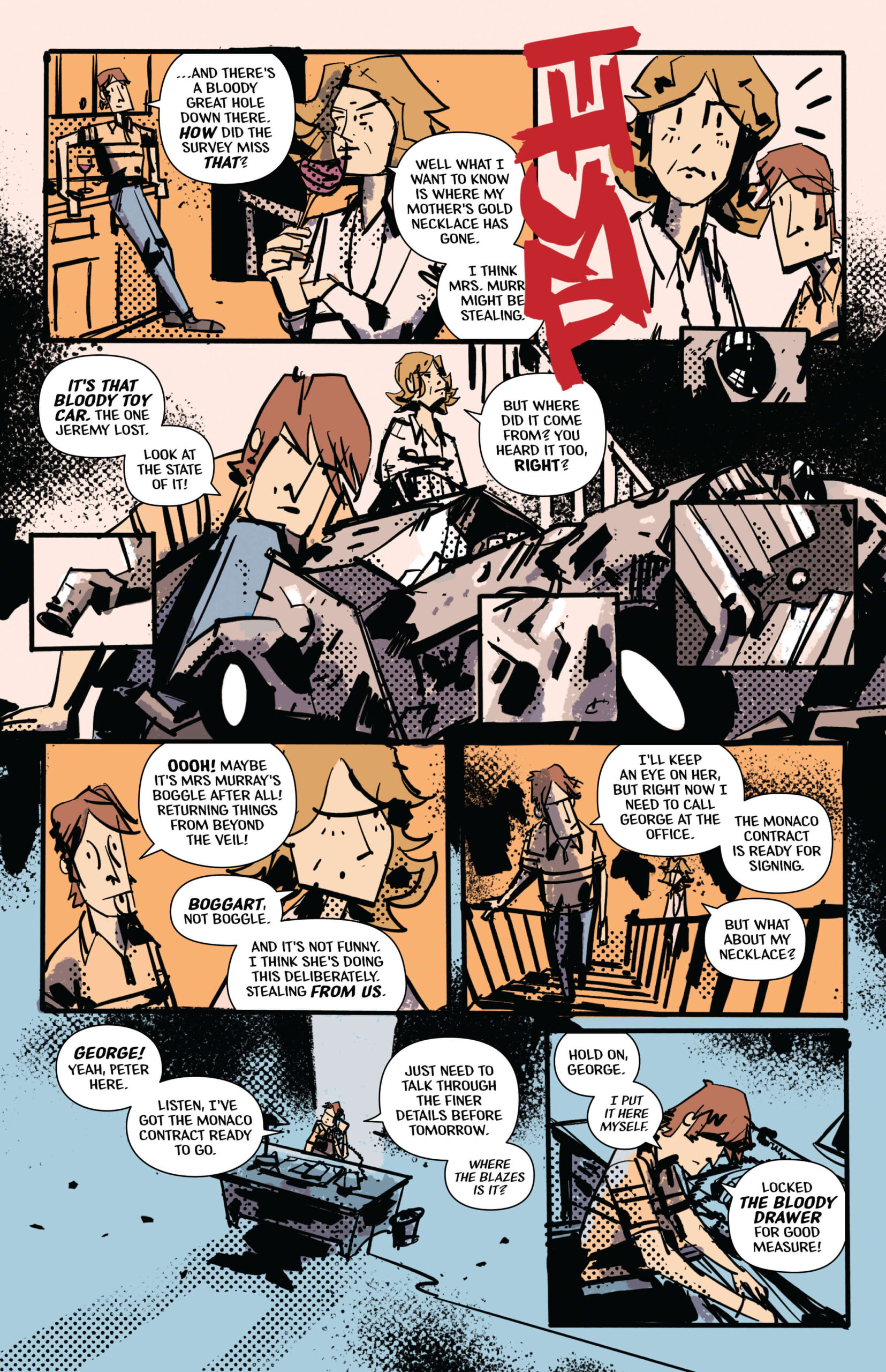 Page 4 of Return Unto Me. The toy car shows up on the stairs, broken. Peter is angry, but goes forward with his business meeting.