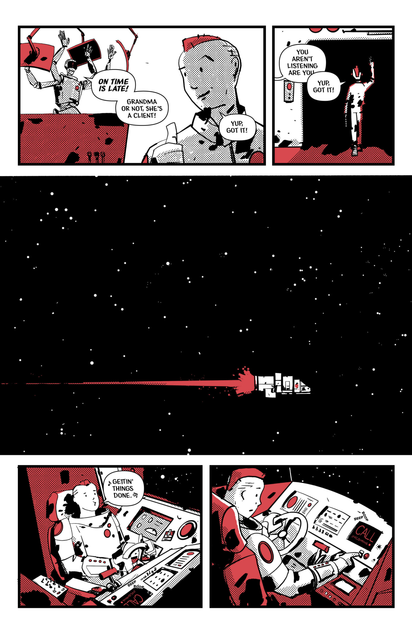 Page 3 of Blinking Red Light. Red leaves for the mission. While flying to Grandma's she recieves a call.