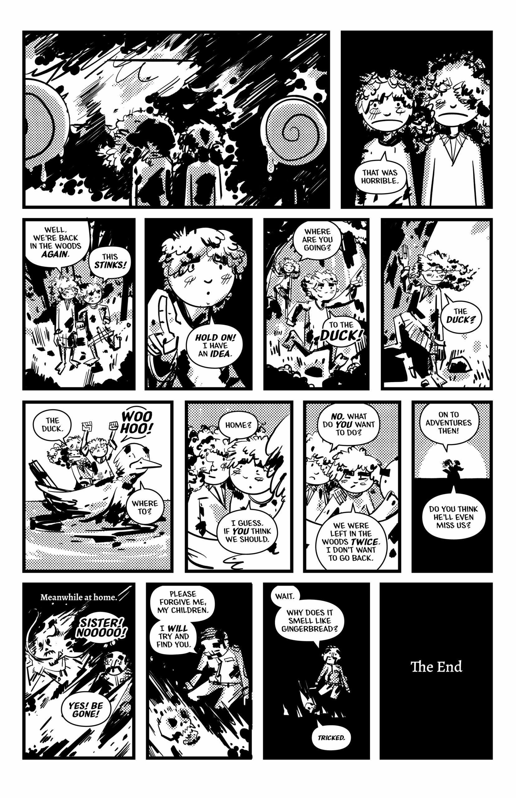 Page 4 of Home and Gingerbread. Hansel and Gretel watch the house burn down and then ride away in to the sunset on a duck. Their father's wide burns up and he pledges to find the kids.