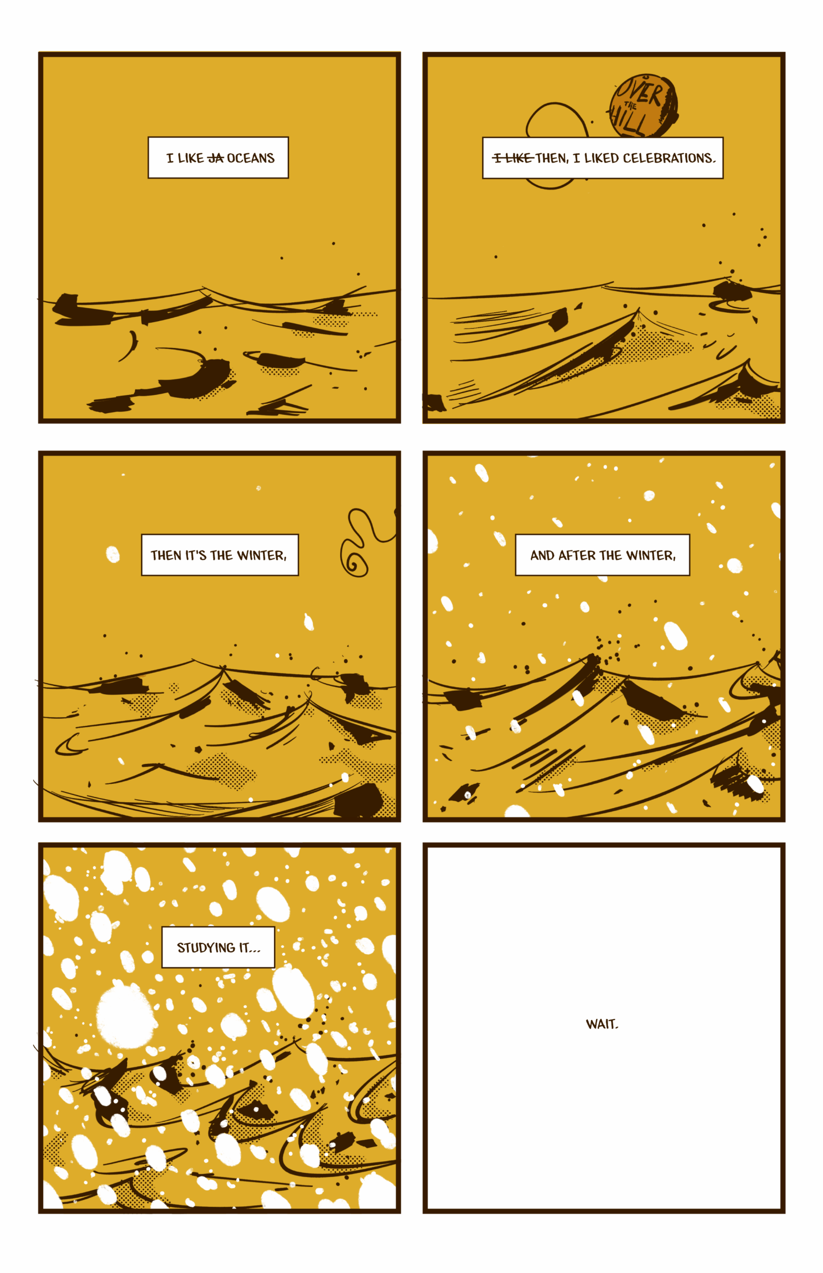 Page 2 of Chickadee Crunch. Snow falls over the ocean.