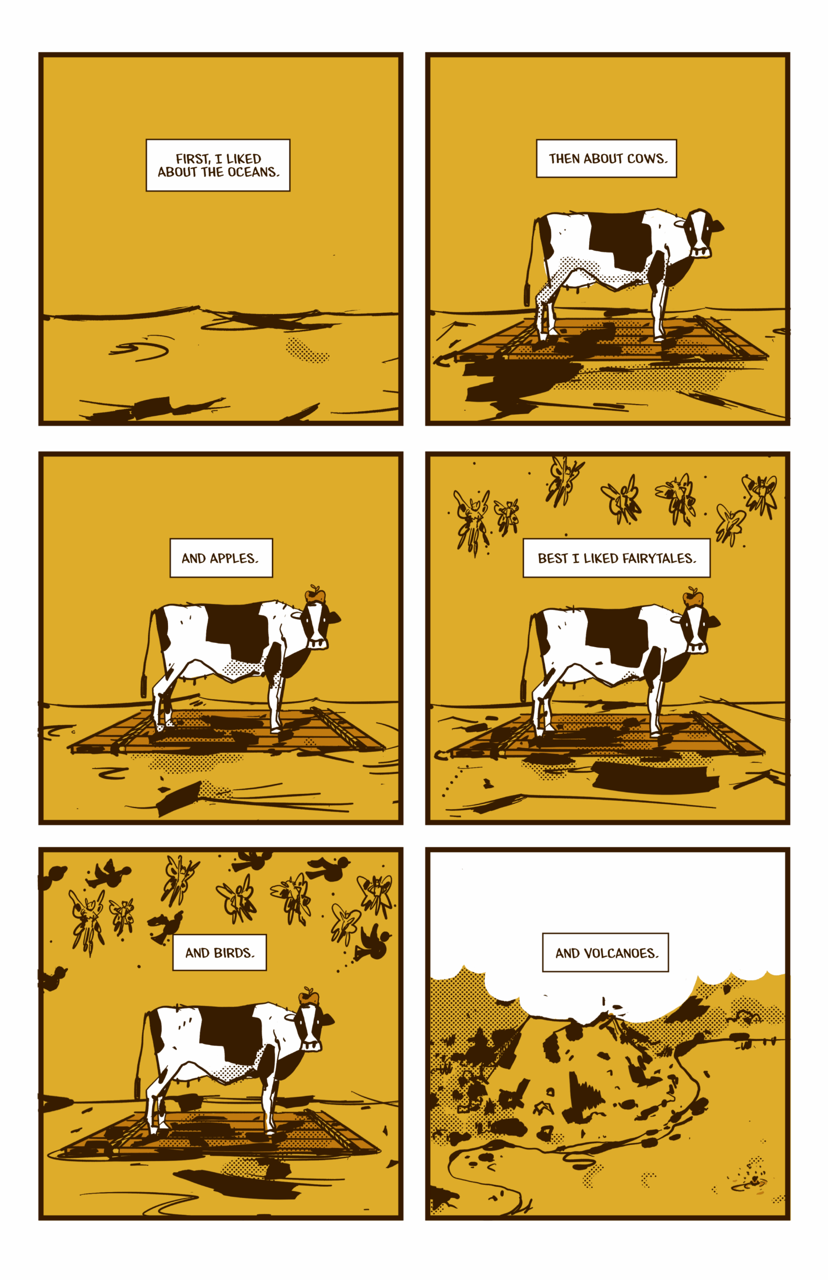 Page 3 of Chickadee Crunch. A cow is on a raft in the ocean. A volcano is erupting.
