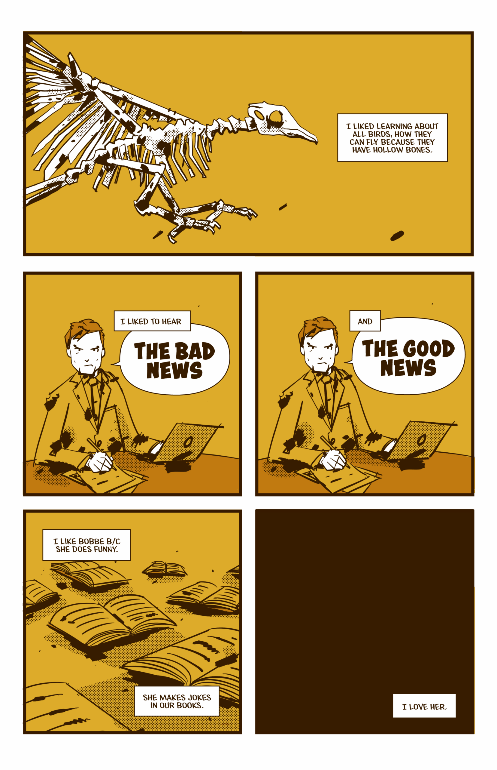 Page 4 of Chickadee Crunch. A skeletal bird flies while a reporter gives the news.